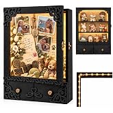 KWYADLUO 11x16 Shadow Box Frame with Shelves, Memorial Display Case, Black | Deep Memorial Box With Drawer, Light, and Top Slot, Keepsakes Shadow Box for Pet Memory, Photos, Medals and Flowers