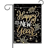 Dyrenson Happy New Year 2026 Decorative Garden Flag, Black Gold Fireworks Glitter Yard Outside Home Decoration, Christmas Winter Burlap Outdoor Small Decor Double Sided 12 x 18