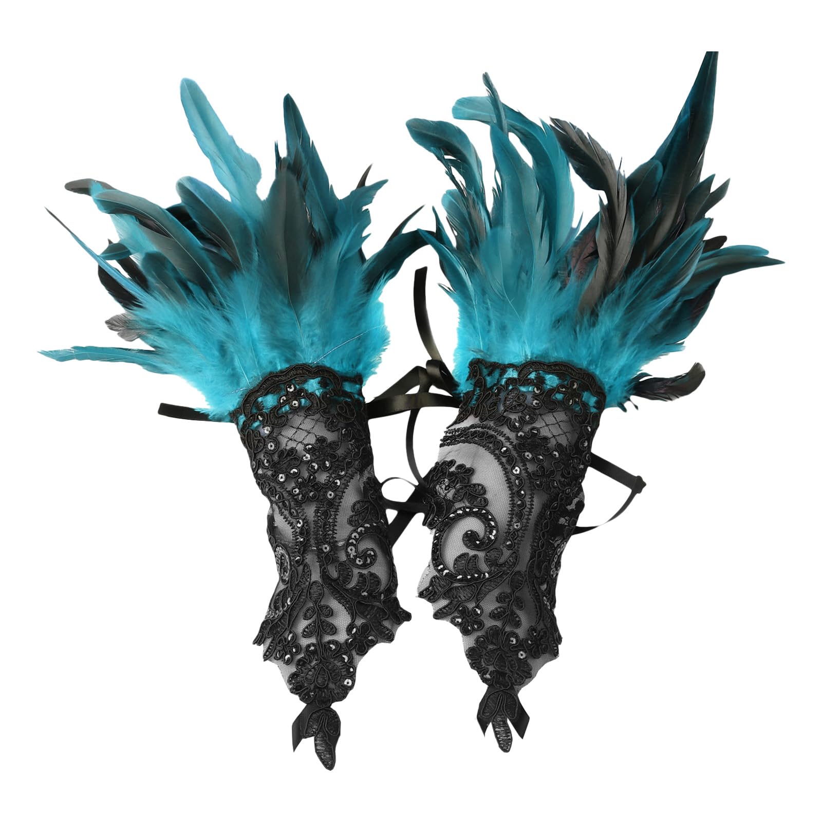 Lufdegim Women's Lace Feather Fingerless Gloves, Mesh Feather Long Gloves for Carnival, Halloween, Wedding Costume Accessories, blue, 36