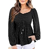 Imysty Womens V Neck Smocked Peplum Tops Balloon Long Sleeve Swiss Dot Ruched Blouses Shirt
