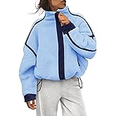 Panadila Womens Fleece Zip Up Jacket Fuzzy Sherpa Jacket Casual Teddy Coats Winter Outerwear with Pockets (Light Blue Combo,S)