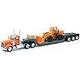 New Ray Kenworth W900 Truck with Lowboy Trailer Orange and Wheel Loader Yellow Long Haul Trucker Series 1/32 Diecast Model