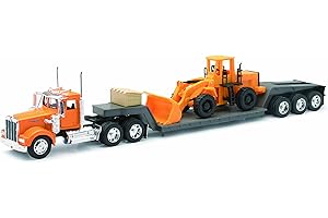 NEWRAY New Ray Kenworth W900 Truck with Lowboy Trailer Orange and Wheel Loader Yellow Long Haul Trucker Series 1/32 Diecast Model