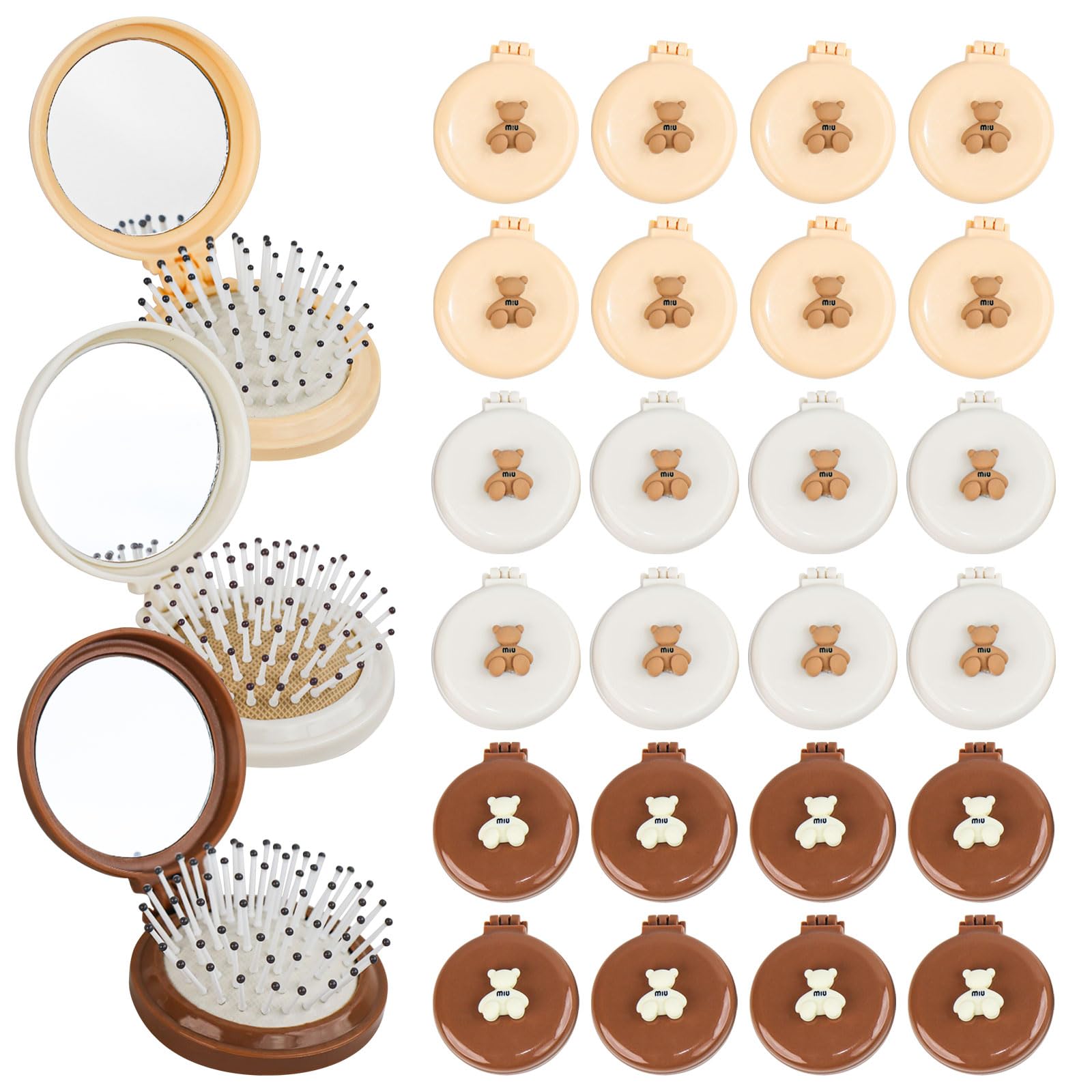 Photo 1 of 3 Pack Cute Bear Foldable Hair Brush with Mirror,Pocket-Sized Compact Mirror Comb,Mini Hair Brush Bulk,Portable Purse Brush for Travel (3 Colors)
