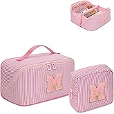 Easter Basket Gifts for Girls Women - Travel Makeup Bag for Women, 2Pcs Portable Personalized Initial Makeup Organizer Bag, Open Flat Large Cosmetic Bag With Travel Essential Pouch (Pink Letter M)
