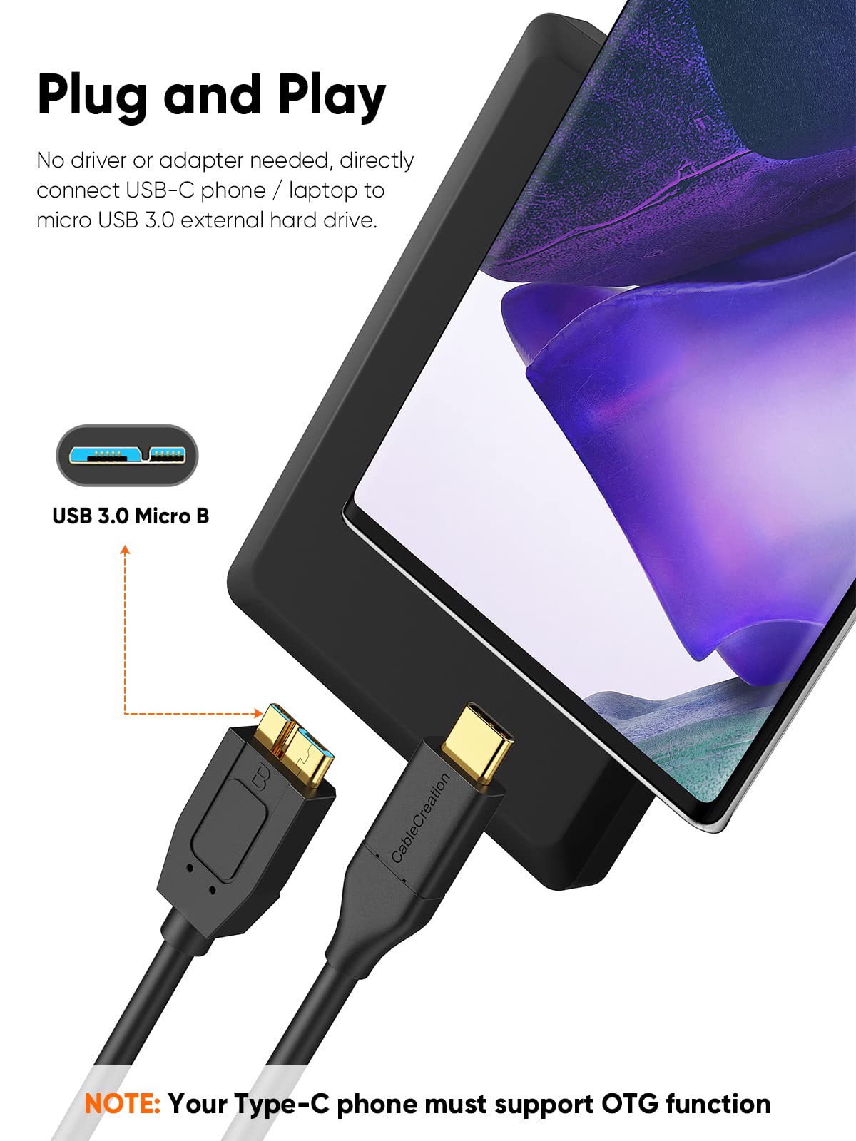 CableCreation 1FT USB C to Micro B Cable,10Gbps Speed External Hard Drive Braided,USB 3.1 Type C to Micro B Work for iPhone 15,16,Seagate WD Westgate My Passport,MacBook Pro/Air, iPad/Tablet,Black