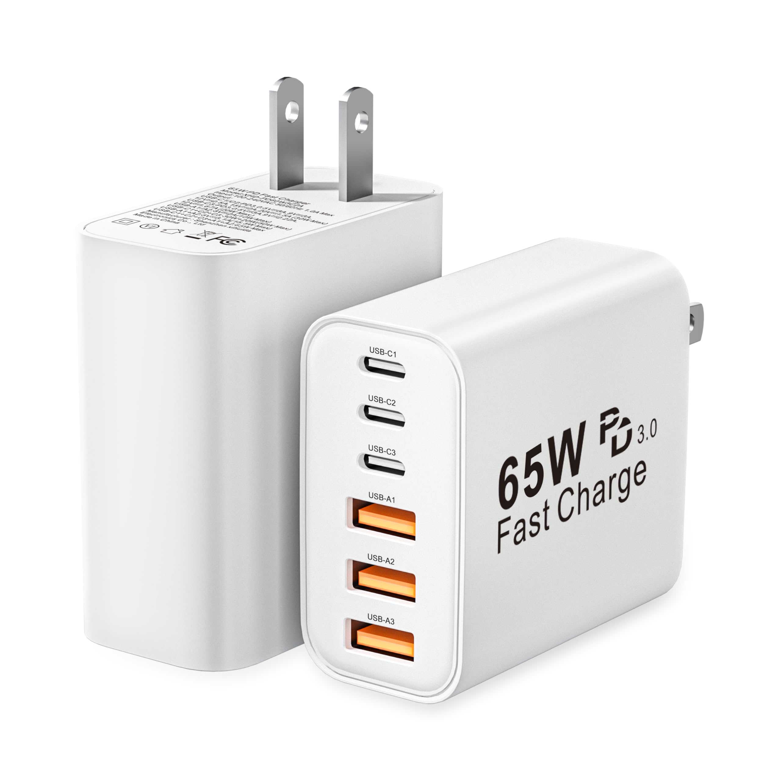 Photo 1 of USB C Charger Block, 2-Pack 65W 6-Port USB C Wall Charger iPhone Charger Fast Charging PD Power Adapter+QC Wall Plug Multiport Type C Brick Chargers for iPhone 16 15 14 13 12 11 Pro Max XS,Samsung