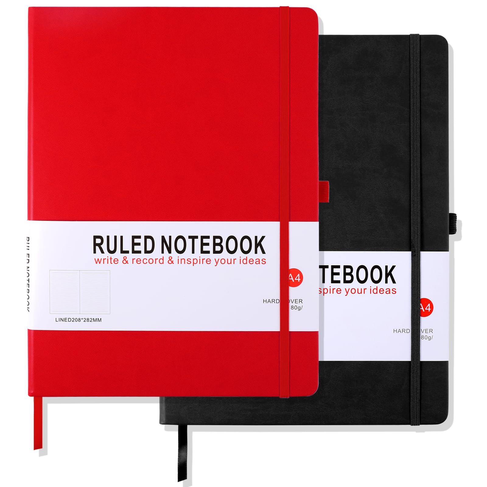 HIJYOO 2 Pack Notebook A4 Ruled Journal Notebook Hardcover Notepad A4 with Bookmark Composition Notebooks, Pen Loop, and Elastic Closure, 8.3" X 11.35"，(Black+Red)