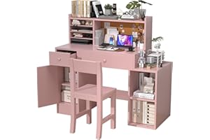 NKUGCFC Childrens Computer Desk with Bulletin Board, Pink Kids Desk and Chair Set for 5-12 Year Old, Kids Study Table with Chair, Drawers and Cabinets-3NMaHj