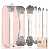 LULUCOLORS 13-in-1 Dual-Ended Makeup Brush Set with Sponge & Travel Case – 7 Multi-Functional Brushes for Face & Eyes – Soft Bristles, Wooden Handles – Available in Cream, Green, or Pink (Blush Pink)