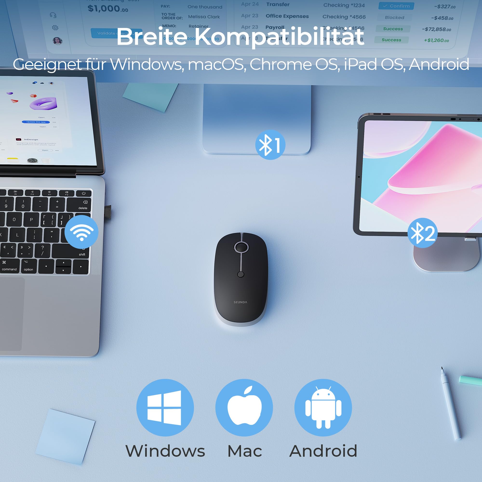 seenda MOU001 Bluetooth Maus, Leise, 3 Geräte Verbindung, Schwarzgrau 2