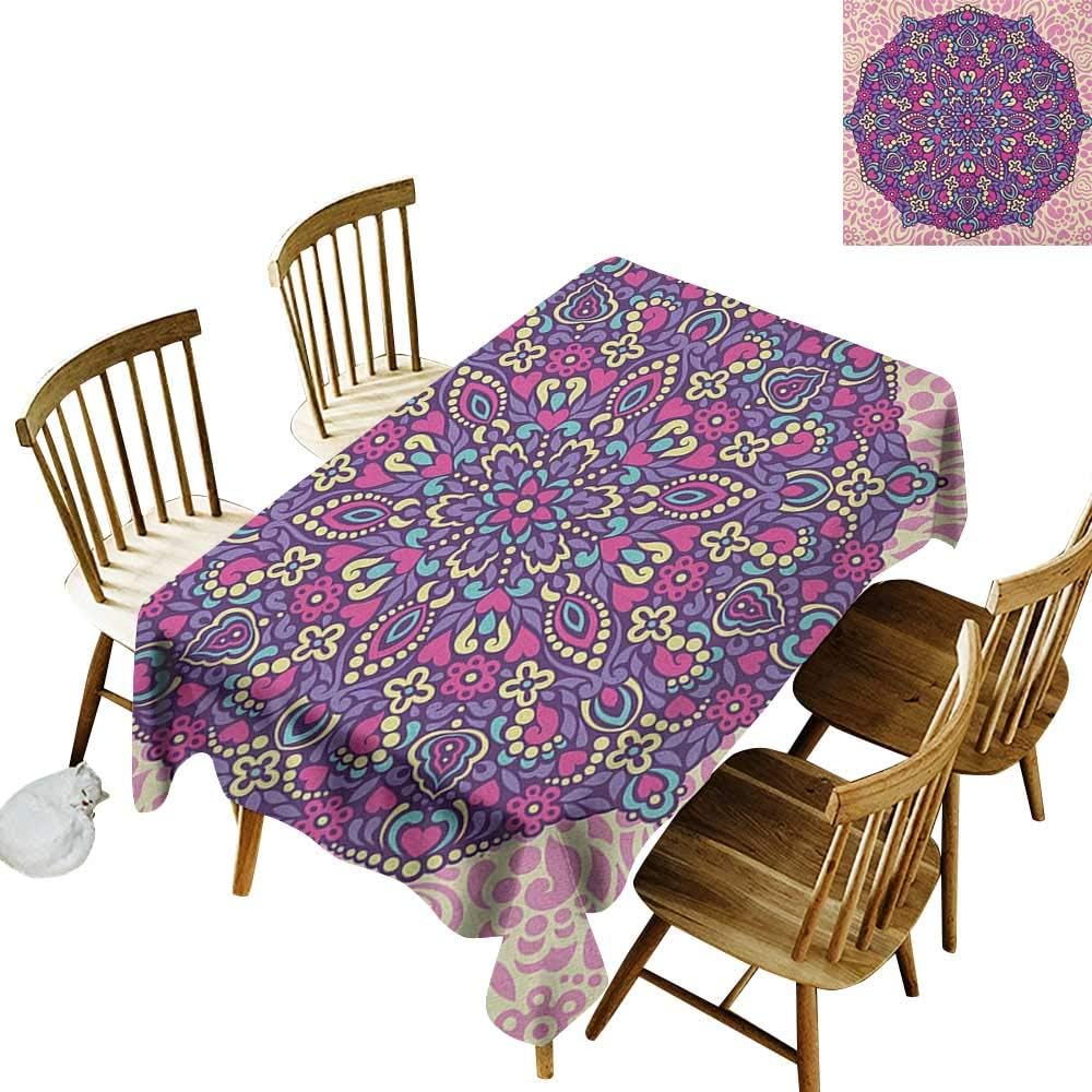 Fashion tablecloth W54" x L90" Purple Mandala Abstract Floral Cosmos Icon Eastern Motif Petals Essence Theme Pale Pink Magenta Cream Great for Buffet Table Parties Holiday Dinner & More