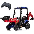 Hetoy 4 in 1 Ride on Excavator & Bulldozer, 12V Kids Electric Vehicle with Remote Control, Front Loader, Digger, Horn, Adjustable Seat, Excavator Ride on Car Toy, Red