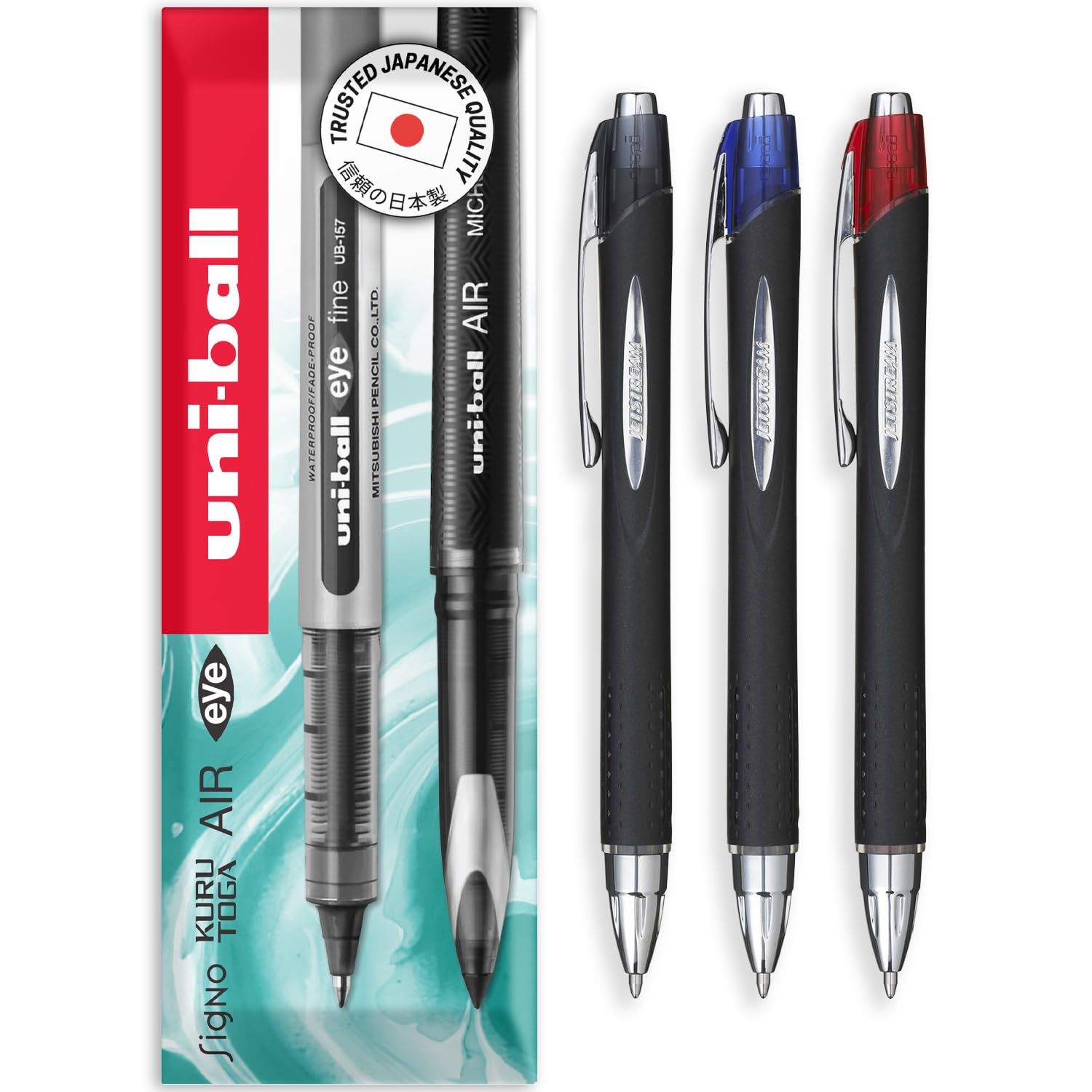 uni-ball Jetstream Retractable Rollerball Pens - SXN-210 RT - 1.0mm Nib - In Envelope Gift Packaging (Pack of 3, Multicolor)