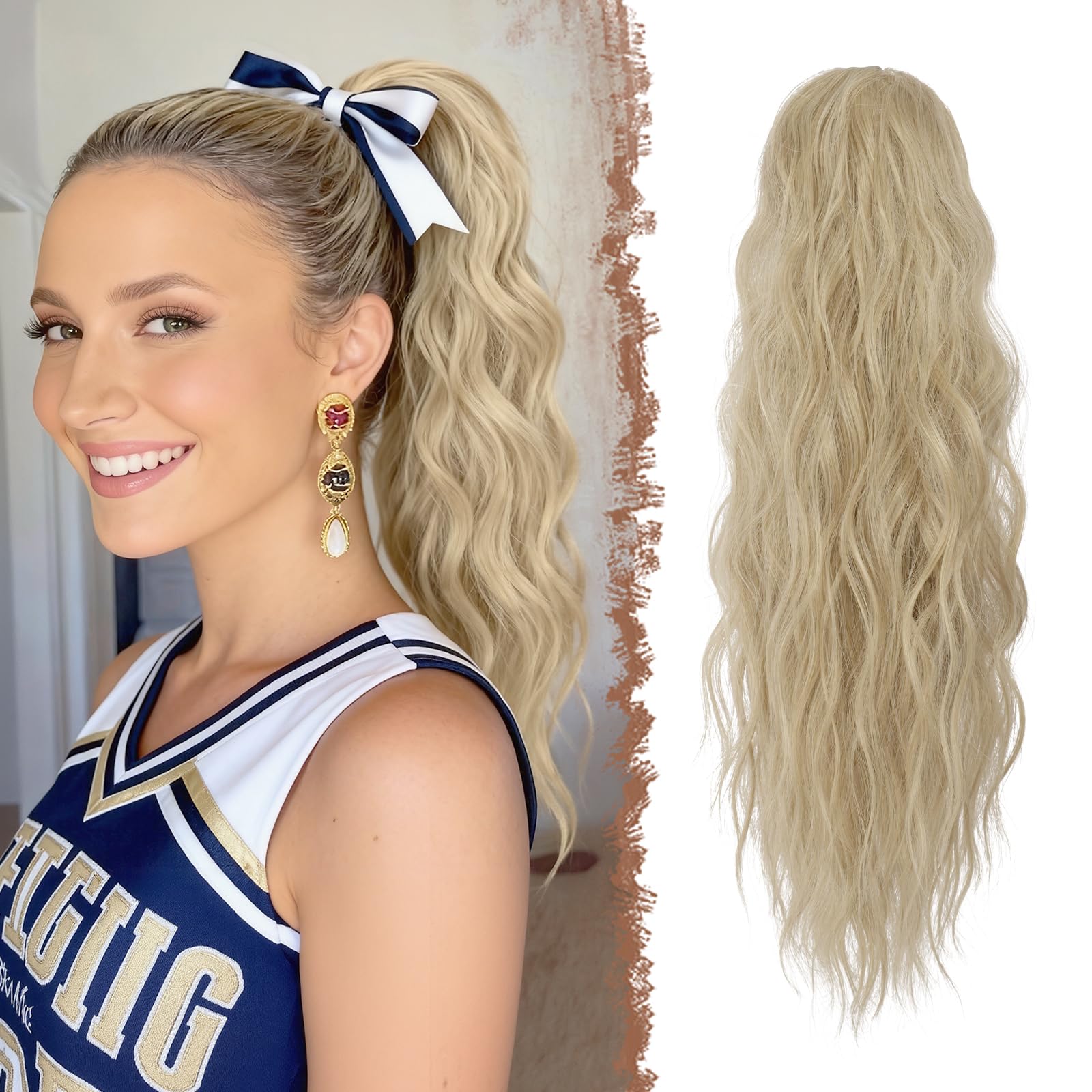 FESHFEN Ponytail Extensions, Drawstring Ponytails Hair Extension Ash Blonde Long Curly Wavy Hair Piece Synthetic Blonde Pony Tail Hairpieces for Women, 18 inch