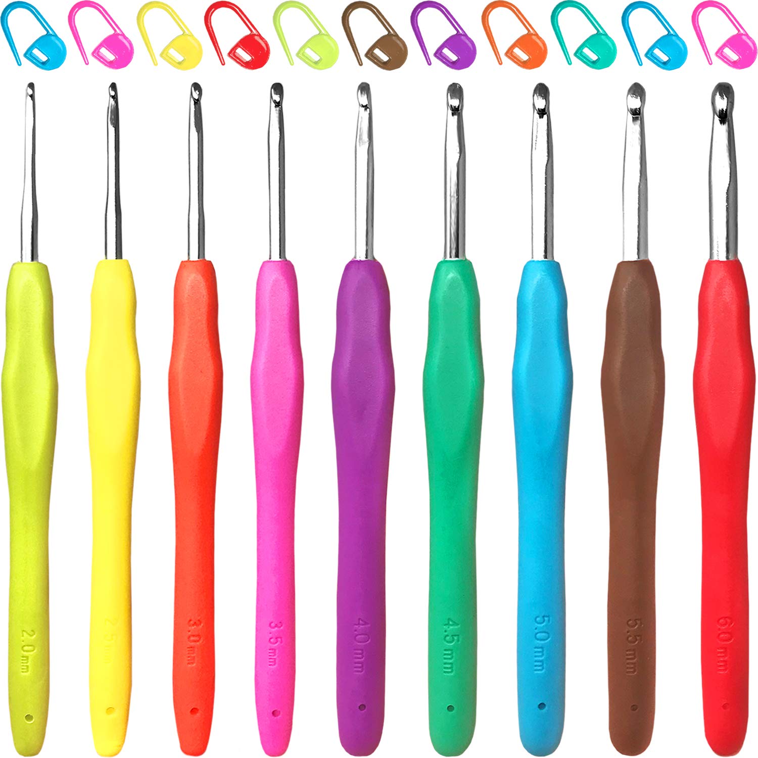 Smith’s® Soft Grip Ergonomic Aluminium Crochet Hooks with Rubber Handles | Knitting Needles | Set of 9 | 2mm 2.5mm 3mm 3.5mm 4mm 4.5mm 5mm 5.5mm 6mm | Includes 20 Stitch Markers!