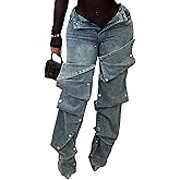 Voghtic Womens y2k Detachable Patchwork Irregular Boyfriend Cargo Jeans High Waisted Straight Leg Denim Pants Streetwear