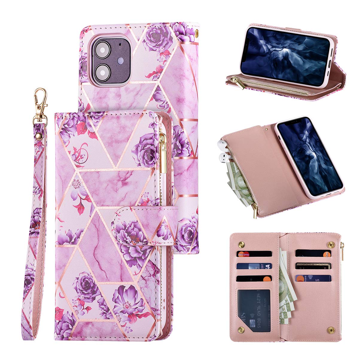 UEEBAI Wallet Case for iPhone 12 iPhone 12 Pro 6.1 inch, Premium PU Leather Case Magnetic Closure Geometric Marble Flower Pattern Handbag Zipper Pocket Case Kickstand 6 Card Slots Flip Cover - Purple