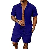 Bealin Men's Short Sets 2 Piece Summer Beach Outfits Button Down Texture Pocket Shirts and Shorts Set