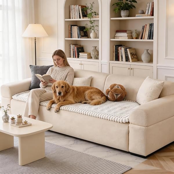FUANGUI COUCH COVERS FOR DOGS WASHABLE, SOFA COVER WITH STRAPS FOR 3 CUSHION COUCH,NON-SLIP PET COUCH PROTECTOR FOR SECTIONAL & LEATHER SOFA, 1PC(BEIGE, 27.6″ X 70.9″)