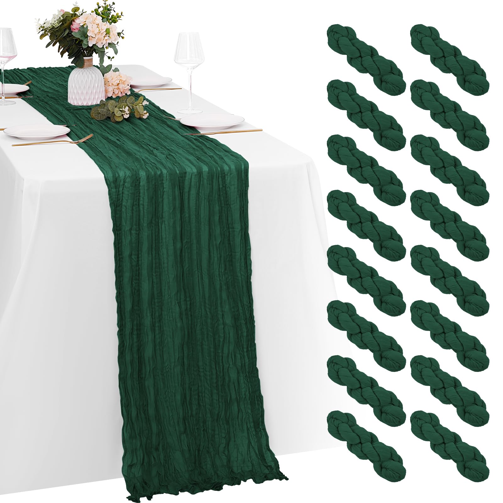 Photo 1 of 16 Pack Emerald Green Cheesecloth Table Runners 20x120 Inch Gauze Table Runner Cheese Cloth 10FT Green Table Runner Rustic Sheer Runner for Wedding Baby Shower Birthday Party Table Decor