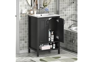 Skokliz 24" Bathroom Vanity with Ceramic Sink, Modern Black Bathroom Sink Set with 2 Doors and Open Shelf, Space-Saving Sink 