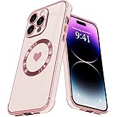 L-FADNUT Magnetic Case for iPhone 15 Pro Max Women Girl Luxury Plating Cute Love Heart Slim Cover Full Camera Lens Protection Compatible with MagSafe for iPhone 15 Pro Max Pink
