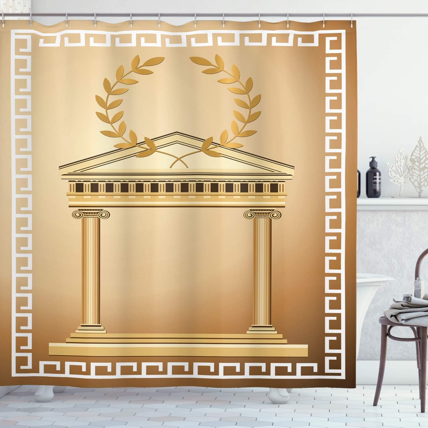 Amazon Com Ambesonne Retro Shower Curtain Antique Building With Roman Olive Branch And Greek Architecture Motif Cloth Fabric Bathroom Decor Set With Hooks 70 Long Brown Coffee Home Kitchen