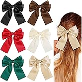 6PCS Silky Satin Hair Bows for Women & Girls – Big Bow Hair Clips, Long Tail Ribbon Barrettes, Neutral Aesthetic Hair Accessories