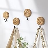 Colingmill 4 Pcs Boho Rattan Wall Towel Hooks Decorative Woven Hanging Holder Farmhouse Coat Rack Hooks Wood Coat Rack Wall Mount Vintage Decorative Hook for Hanging Coats(Round)