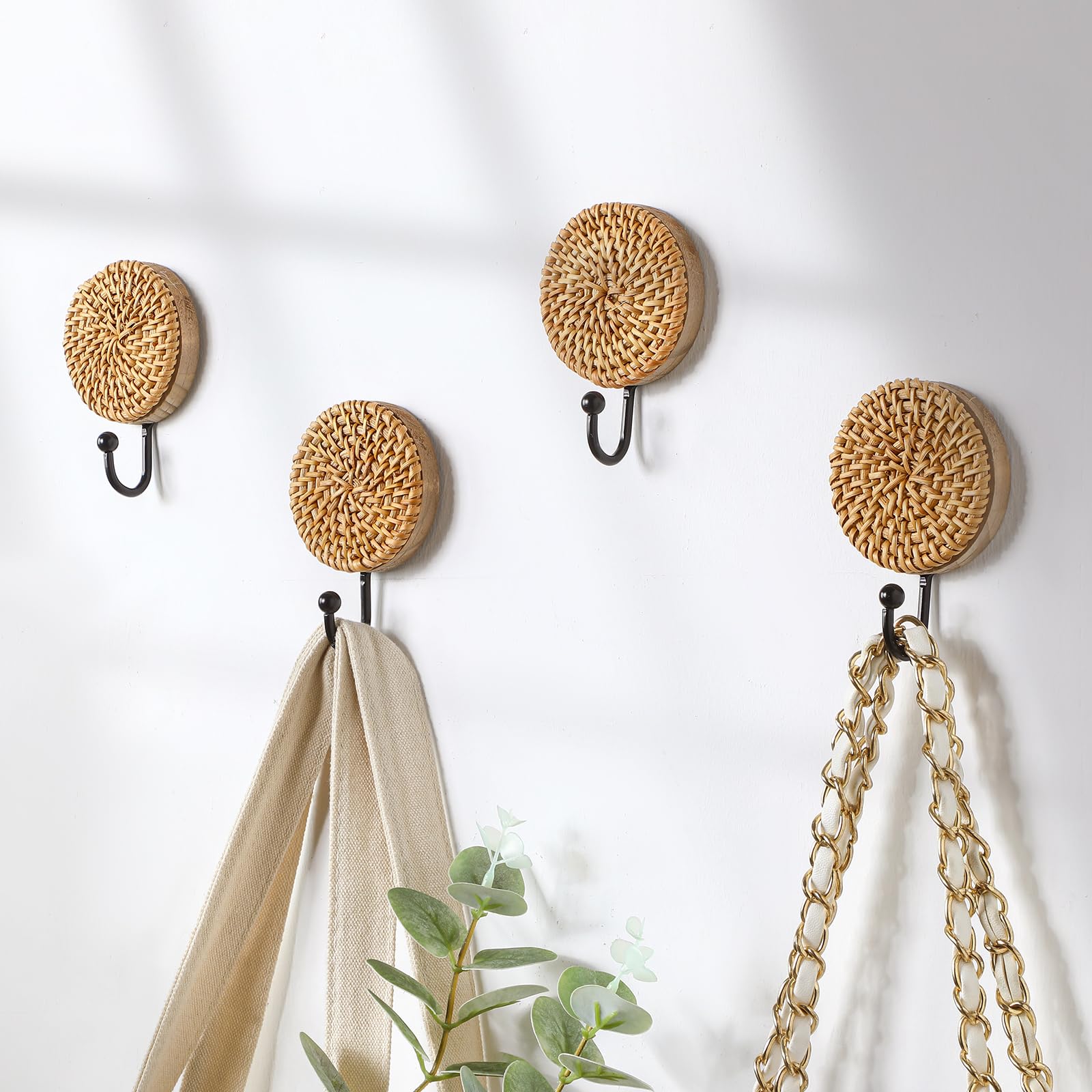 Photo 1 of Colingmill 4 Pcs Boho Rattan Wall Towel Hooks Decorative Woven Hanging Holder Farmhouse Coat Rack Hooks Wood Coat Rack Wall Mount Vintage Decorative Hook for Hanging Coats