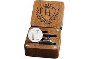 SEEMDANTEN Mens Classic Initial Cuff links A-Z Alphabet 26 Letters Stainless Steel Silver CuffLinks with Engraved Walnut Wood Gift Box Business Wedding Set