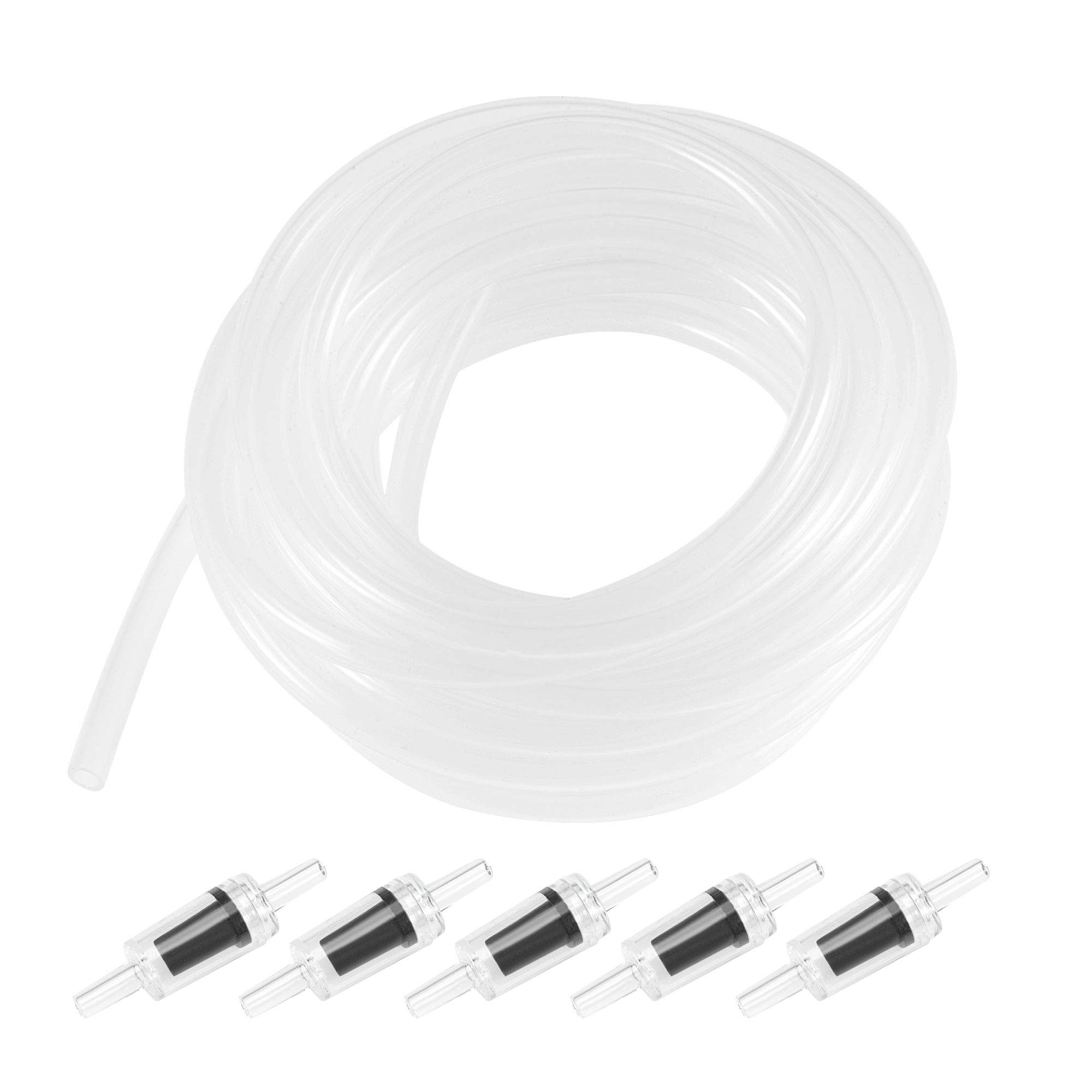 sourcing map Silicone Tubing 4mm ID 6mm(1/4") OD 5m Aquarium Pump Air Hose Water Pipe Clear with Black Check Valves