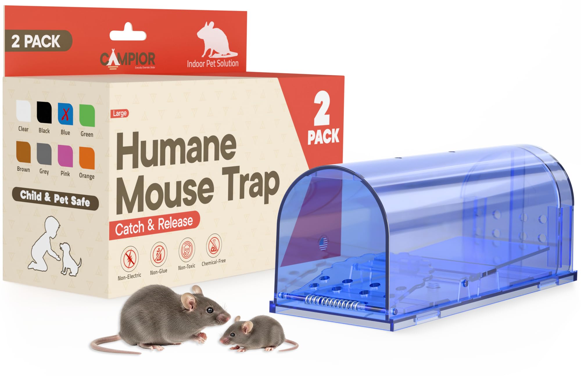 Photo 1 of Campior Humane Mouse Trap for House – Large Size, No-Kill Mouse Traps Indoor for Home, Catch-and-Release Rat and Mouse Trap, Child & Pet Safe, Easy to Clean, No-Touch Release, Pack of 2, Blue