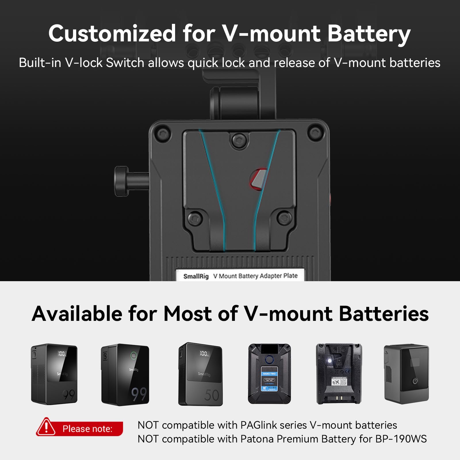 SmallRig V-Mount Battery Adapter Plate, V-Lock Battery Plate with Dual D-TAP and DC Ports, Adjustable Arm and 15 mm Rod Clamp, Compact V-Mount Battery Plate for Cameras, Monitors, Transmitter - 3499