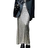JUMISEE Women’s Silver Sequin Midi Skirt Stretchy High Waist Long Skirt Glitter Pencil Skirt for Night Out Party