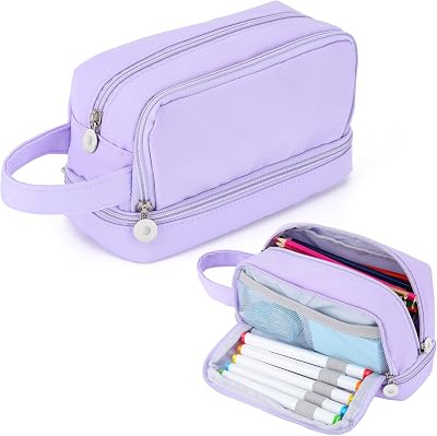 Alyvisun Large Capacity Pencil Case 3 Compartments Purple with Handle