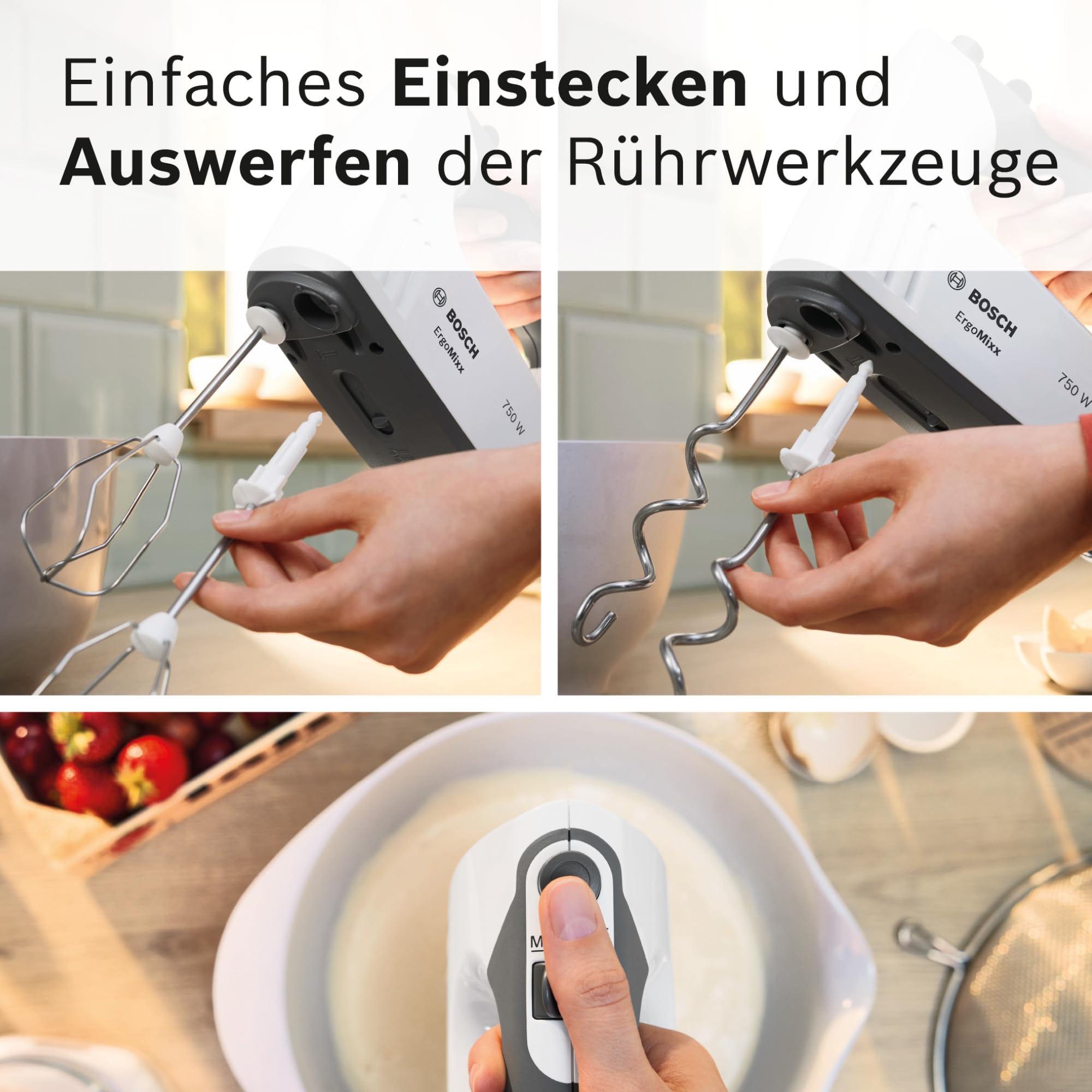 Bosch Handrührgerät, mit Pürierstab, Mixbecher, Edelstahl Rührer, Knethaken, spülmaschinenfest, 5 Stufen plus Turbotaste, weiß/grau, 750 W, ErgoMixx MFQ37470 7