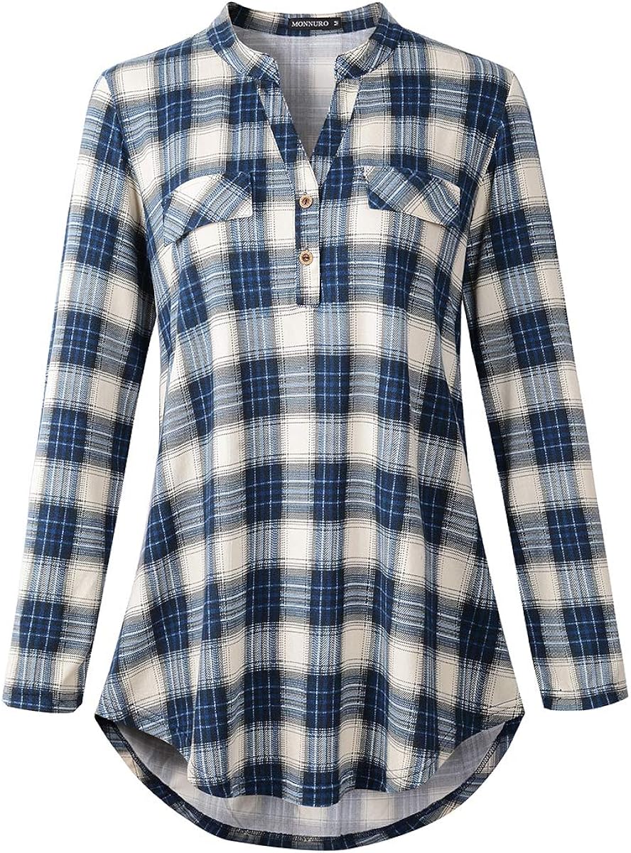 MONNURO Womens Plaid Shirts Henley V Neck Casual Loose Short Sleeve Tunic Tops T-Shirt Blouses