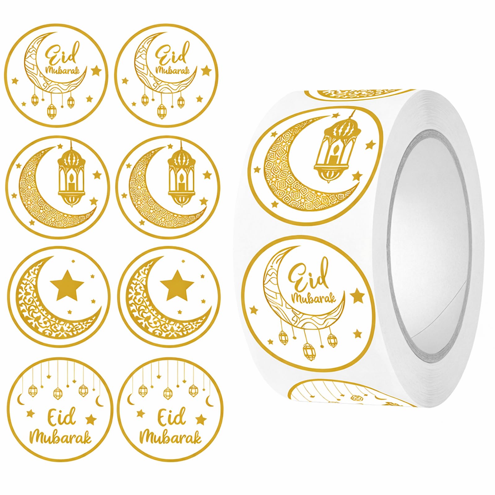 500 Pcs Eid Mubarak Stickers Personalised Gold Round Self Adhesive Kareem Lantern Ramadan Decorations for Gifts, Envelopes Treat Bags and Party Favors Stick Eid Decorations for Home and Office