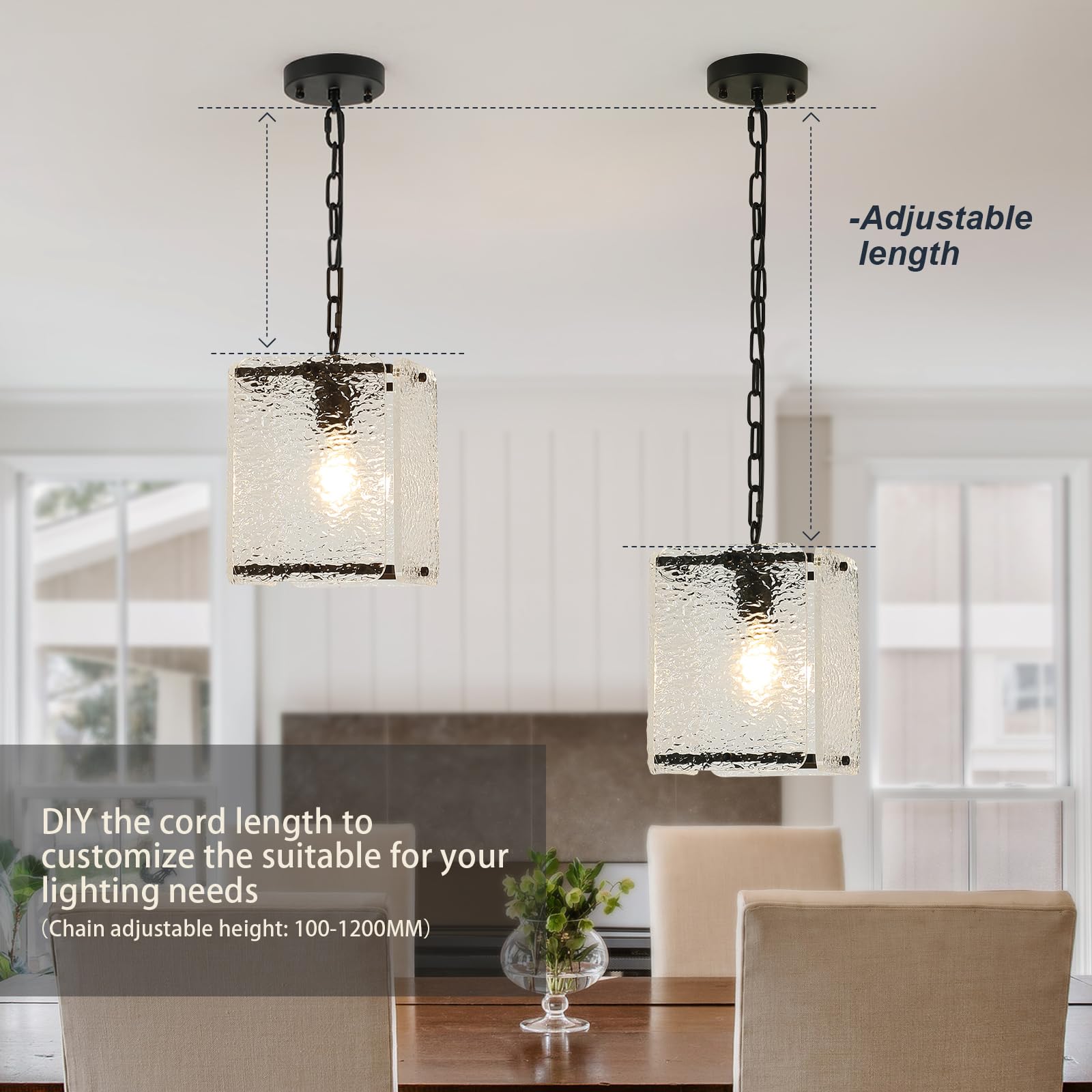 Bicrink Black Crystal Pendant Light for Kitchen Island Lights- Exquisite Elegant Chandelier with Water Ripple Glass - Height Adjustable - Dimmable - Great for Dining Room and Hallway., MT60026