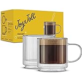 JoyJolt Haven Stackable Fluted Glass Mugs, Set of 2 Ribbed Double Wall Insulated Coffee Cups, 13.5oz Clear Mugs