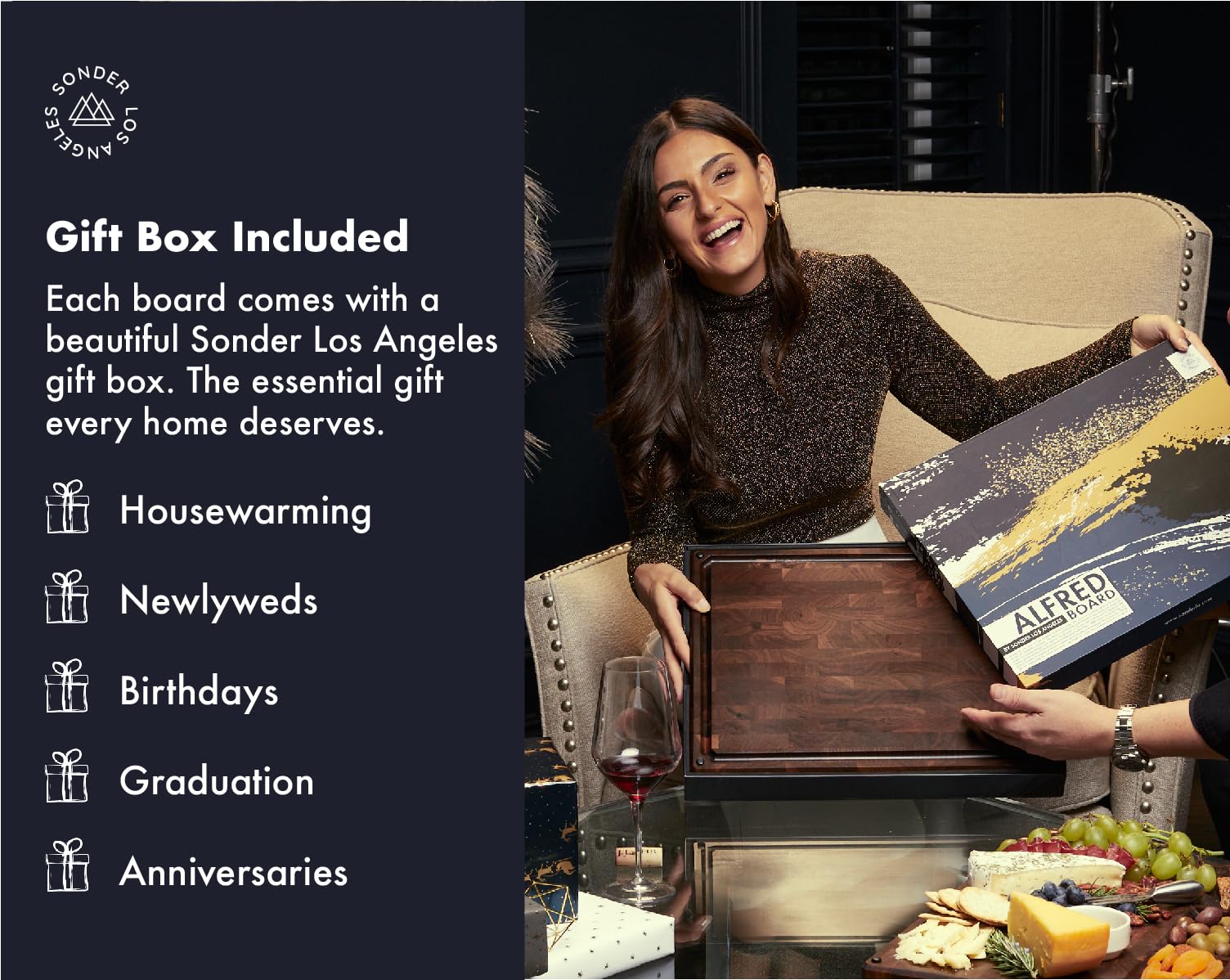 Sonder Los Angeles Alfred Cutting Board Made in USA | Black Walnut End Grain Cutting Board with Non-Slip Feet, Juice Groove, Sorting Compartments | Gift Box Included | 17x13x1.5 in