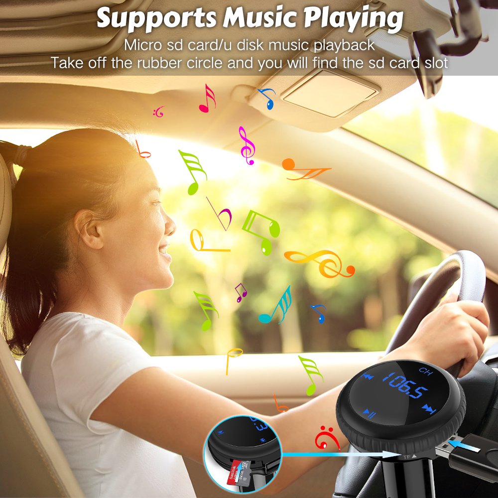 (Upgrade) Bluetooth FM Transmitter With Smart Locator,BliGli Car Charger Car Kit With 3.4A USB Charging Ports,Built-in Mic,Supports Hands-Free Call, Last Call Redial,32G TF Card/U-disk Music Playback