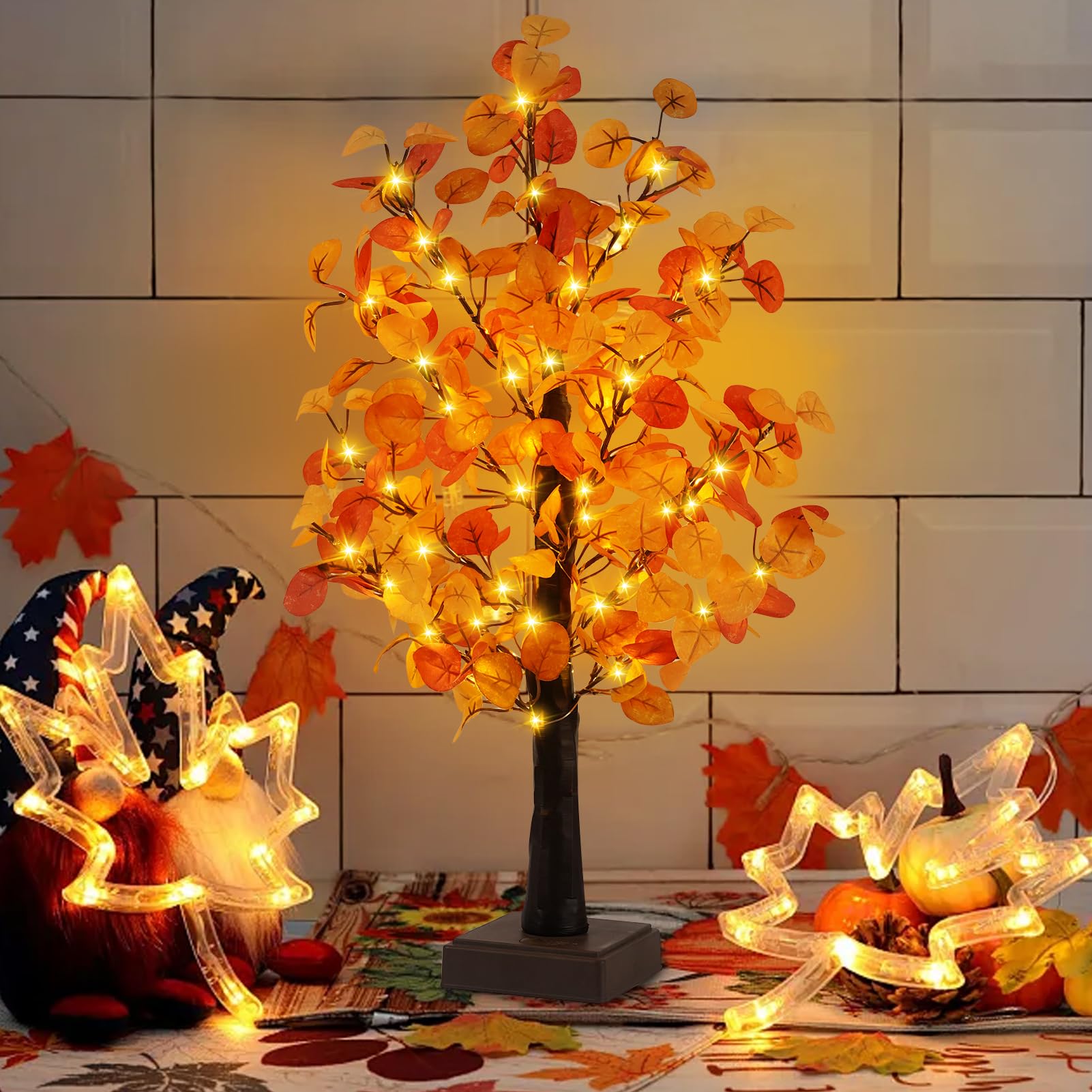 Photo 1 of *NO CHARGER/ MISSING BATTERY COVER* Fall Lighted Maple Tree, 24FT 50LED Timer Battery Operate Fall Decor Lights, Thanksgiving Decoration Maple Leaf Table Tree for Indoor Outdoor Holiday Bedroom Autumn Harvest Party Home Decor
