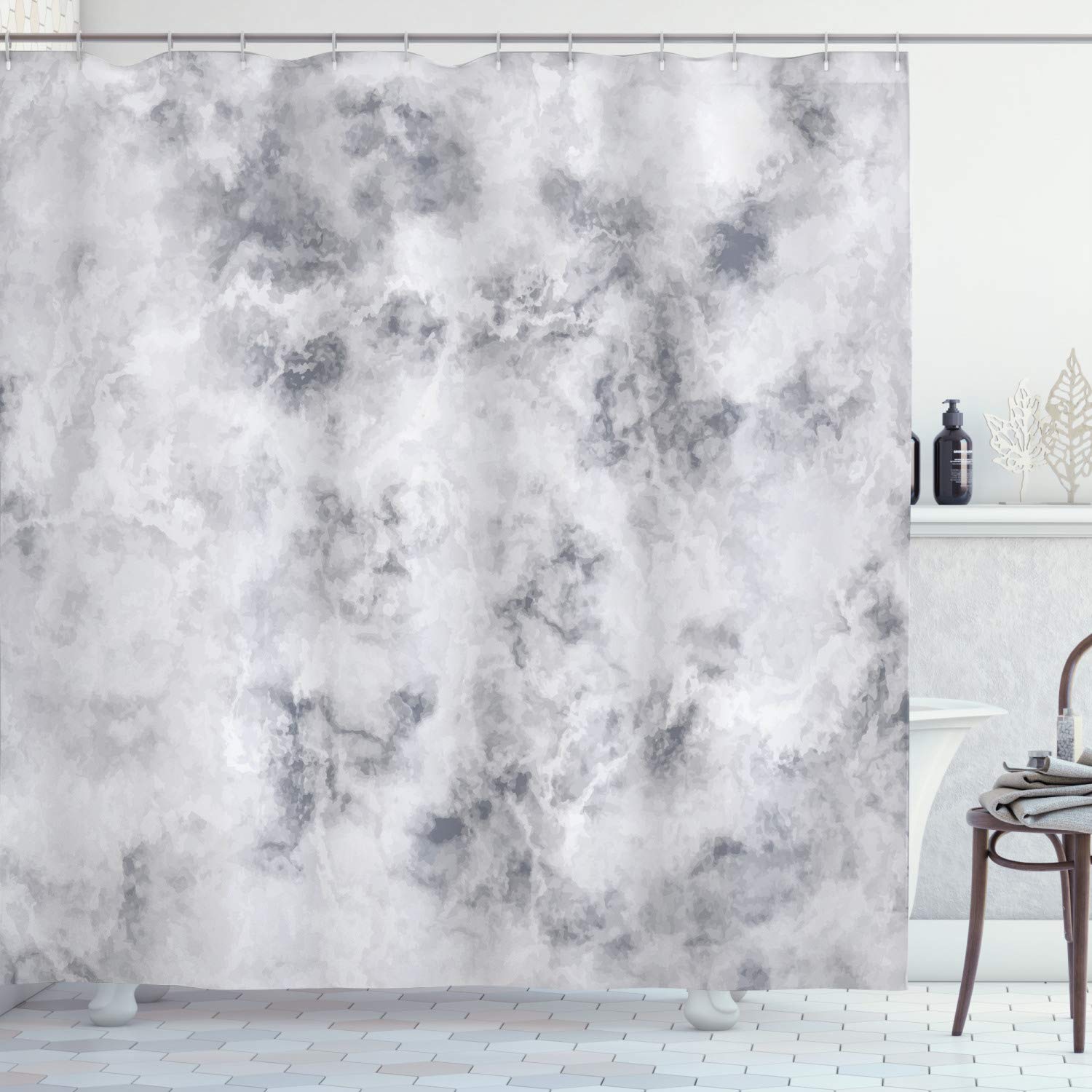 ABAKUHAUS Marble Shower Curtain, Granite Surface Pattern Stormy Details Natural Mineral Formation Print, Cloth Fabric Bathroom Decor Set with Hooks, 94 Inches, Pale Grey Dust