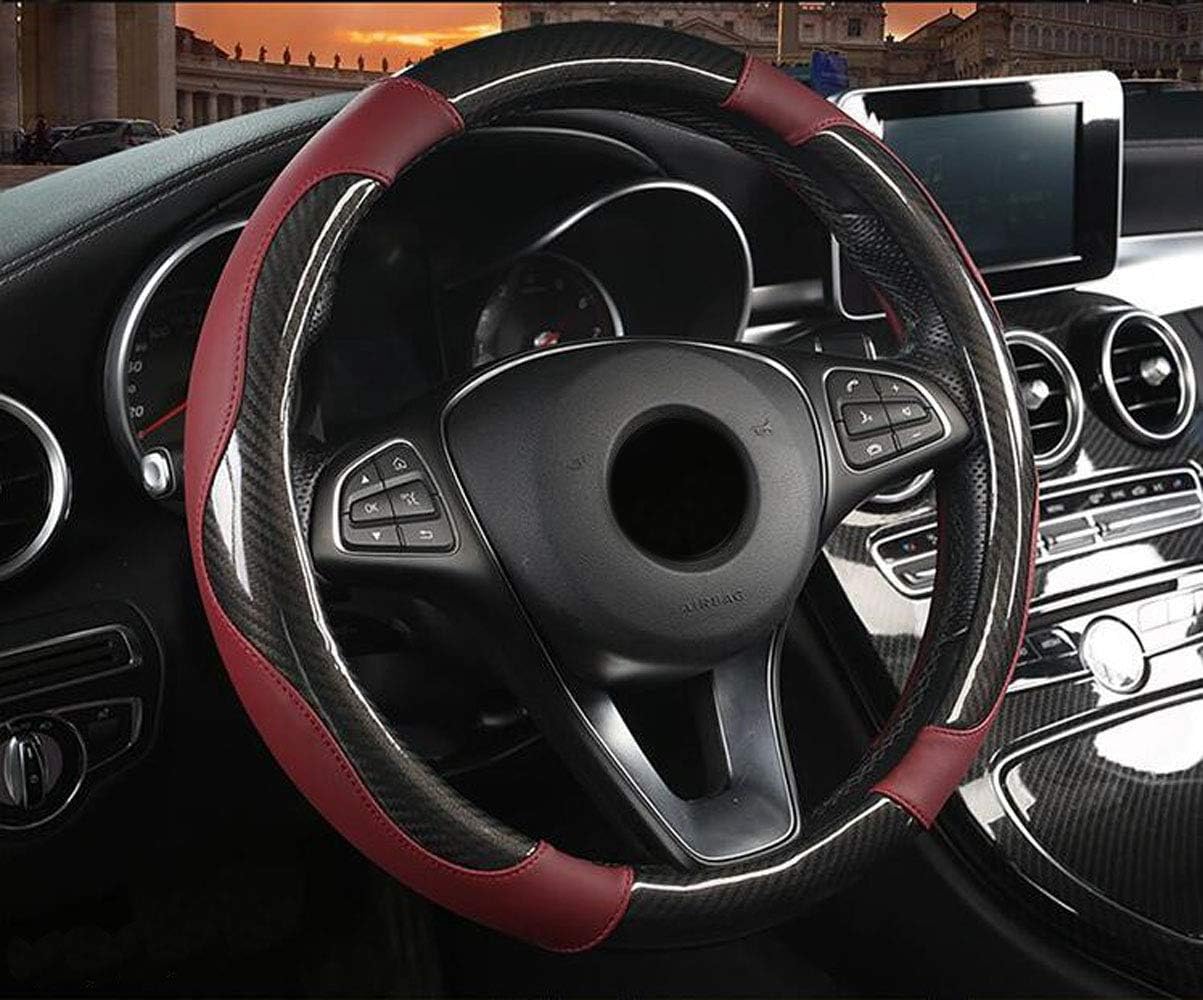 Carmen Car Steering Wheel Cover Four Seasons Universal 38cm/15 Inch Standard Size Two-Color Stitching Design Anti-Slip Holder Protector (Wine Red)