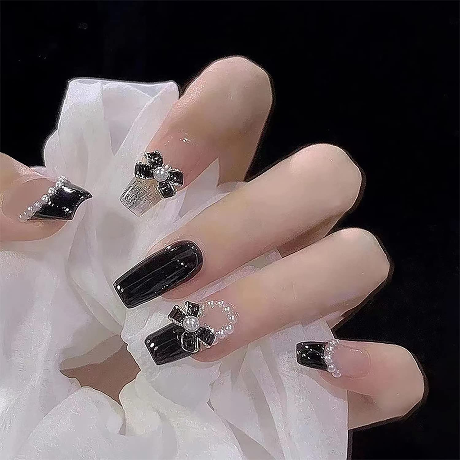 24Pcs Artificial Acrylic Fake Nails With Black Pearl Bow Designs - Full Cover Reusable Coffin Shape Press On Nails - Medium Length, Women's Glue On Stick On Nails For Nail Art