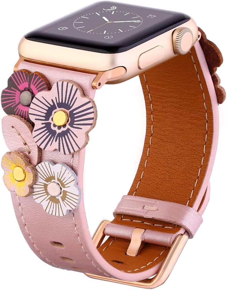 Faytop Genuine Leather Strap Compatible for Apple Watch Band 38mm Series 3/2/1 Women,3D Handmade Flower Strap for Apple Watch Band 40mm Series 4/5 with Buckle/Adapter Pink