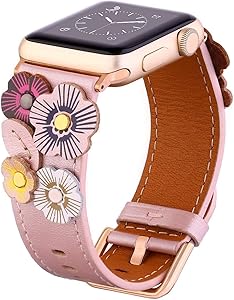 Faytop Genuine Leather Strap Compatible for Apple Watch Band 38mm Series 3/2/1 Women,3D Handmade Flower Strap for Apple Watch Band 40mm Series 4/5 with Buckle/Adapter Pink